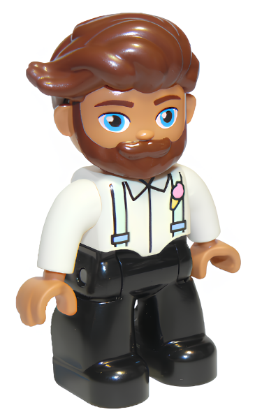 Минифигурка Lego Duplo Figure Lego Ville, Male, Black Legs, White Top with Light Aqua Suspenders, Reddish Brown Hair, Beard 47394pb280 N